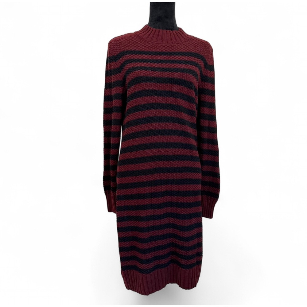 Olive + Oak Burgundy Black Stripe Long Sleeve Knit Midi Dress Women's Large